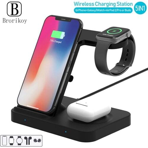 5in1 Qi Wireless Charging Station for Samsung Buds Gear 3 iPhone 11 Pro Airpods pro iWatch 5 4 3 2 Fast Wireless Charging Dock