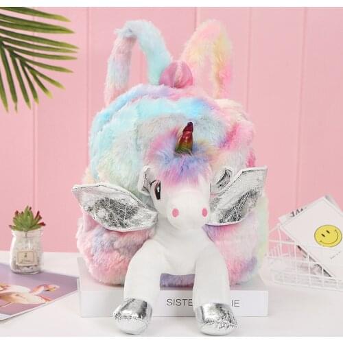 Baby Girl Unicorn Fur Backpack Cute Children 3D Zipper Schoolbag Mini Kid Toy Doll Backpack For Kidergarten New Plush Bag