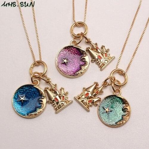 MHS.SUN Girls Kids Cute Moon Castle Pendant Necklace Blue/Purple/Green Color Alloy Pendants Chain Necklace For Toddler Child