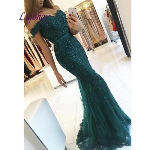 Emerald Green Long Lace Evening Dresses Party Mermaid Plus Size Beaded Tulle Women Ladies Sexy Prom Formal Evening Gowns Dresses