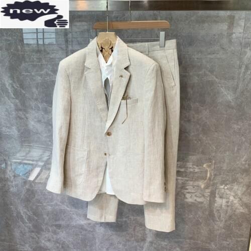 Korean Linen Slim Blazer Men Fashion Solid Single Breasted Suit Jacket Lapel Party Wedding Formal Short Coat Male M-3XL