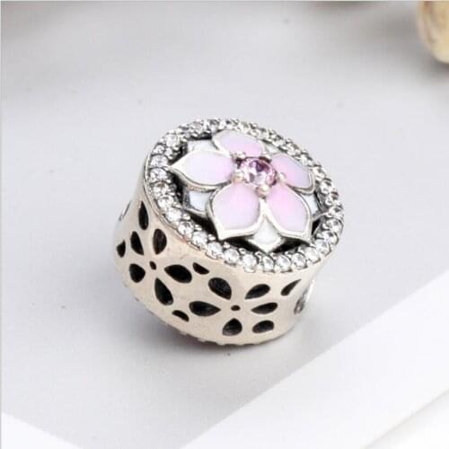 Genuine 925 Sterling Silver Charm Enamel Magnolia Bloom Duo With Crystal Pendant Beads Fit Pan Bracelet & Necklace Jewelry