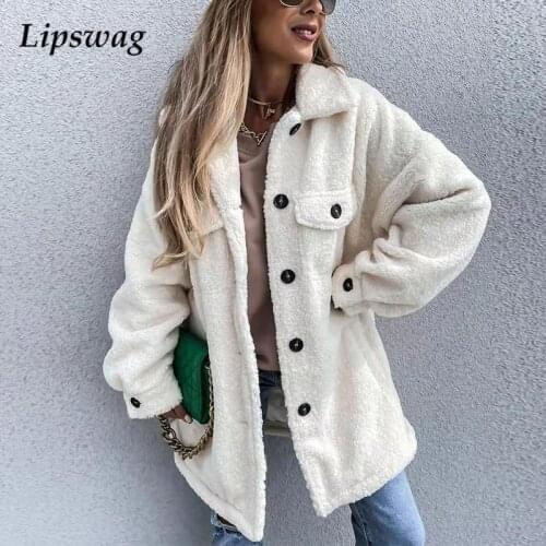 Casual Button Long Sleeve Autumn Coat Jacket Ladies Winter Soft Fluffy Warm Cardigan Tops Elegant Turn-down Collar Women Outwear