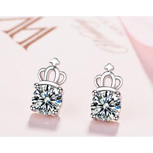 Cute Female White Crystal Crown Earrings Real 925 Sterling Silver Wedding Earrings For Women Small Round Stud Earrings