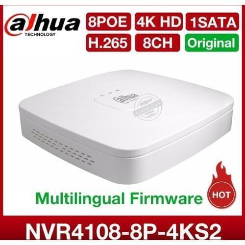 Dahua mini NVR NVR4108-8P-4kS2 8CH Onvif NVR 8MP Smart 1U 8PoE 4K&H.265 Lite Network Video Recorder Full HD 1080P Recorder 1SATA