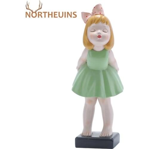 NORTHEUINS Resin Bow-knot Girl Figurines Nordic Creative Lass On The Stone Statue For Interior Home Decoration Accessories Gifts