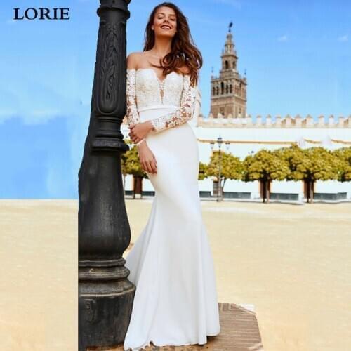 LORIE Matt Satin Mermaid Wedding Dresses Long Sleeve With Nude Mesh Lace Bridal Gowns Romantic Buttons Back Boho Wedding Gowns