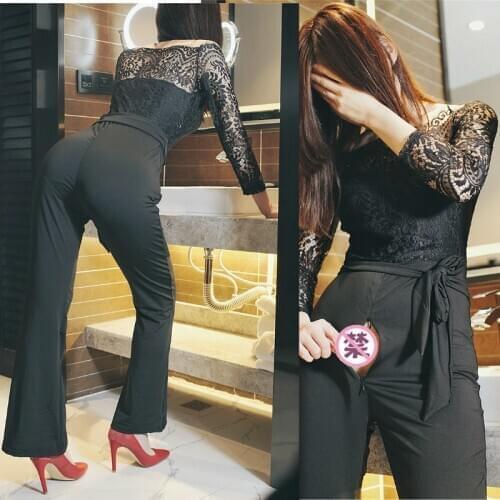 Outdoor Sex Lace Jumpsuit for Women Full Zipper Open Crotch Flared Pants Couple Dating In Car Funny Rompers Womens Overall