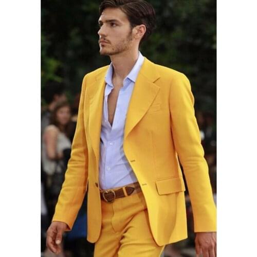 Yellow Prom Men Suits for Evening Singer Notched Lapel 2 Piece Slim Fit Wedding Tuxedo Groomsmen Fashion Costume 2021