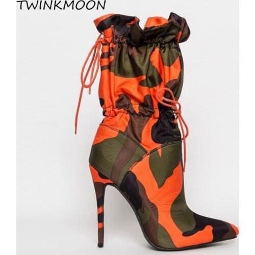 Camouflage Print Womens Boots High Heels Shoes Ankle Boots Sexy Point Toe Adjustable Womens Autumn Shoes zapatos mujer 2020