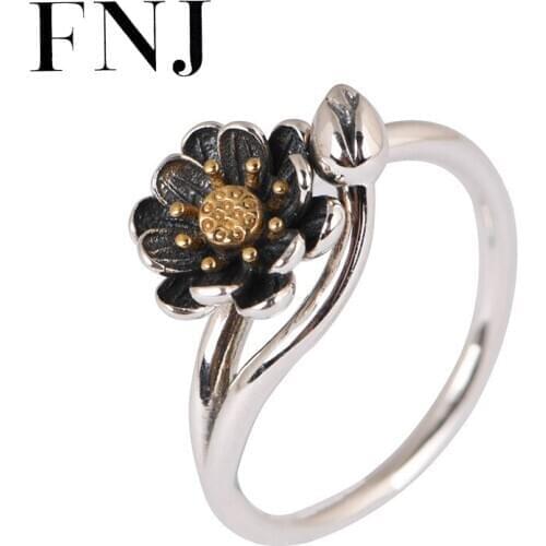 FNJ 925 Silver Lotus Flower Ring Original S925 Sterling Silver Rings for Women Jewelry Open Adjustable Size