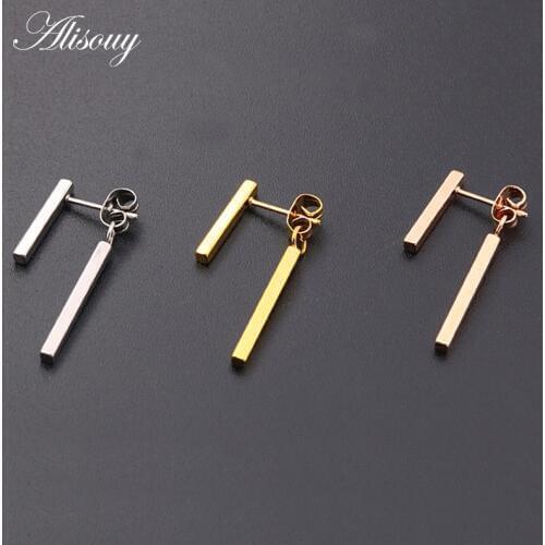 Alisouy 2pc European and American fashion new minimalist gold color Two straight Titanium chain earrings elegant earrings