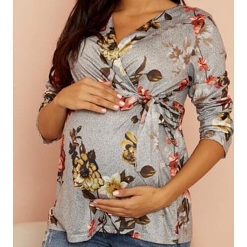 #57 Autumn Breastfeeding Shirt Women V-neck Flowers Printing Long Sleeve Housewear Pregnant Tops Grossesse Femme Enceinte