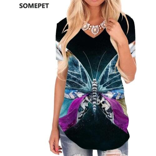 SOMEPET Butterfly T-shirt women Animal Tshirts Printed Colorful V-neck Tshirt Harajuku Funny T shirts Womens Clothing Punk Rock