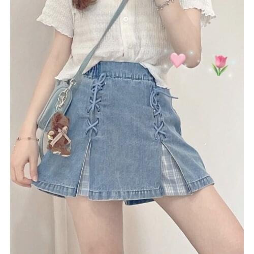 Japanese Kawaii Mini Denim Skirt Women Patchwork Korean Fashion Sweet Split Skirt Shorts Bandage Casual Plaid Skirt Summer 2021