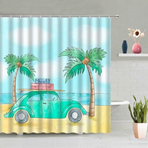 Cartoon Car Shower Curtain Seaside Beach Coconut Tree Summer Scenery Bathroom Decoration Shower Curtains Washable With Hook Set