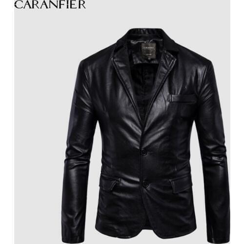 CARANFIER Mens Blazer Jackets Autumn PU Leather Slim Fit Coats Motorcycle Biker Casual Solid Suit Outerwear Casacos Masculinos