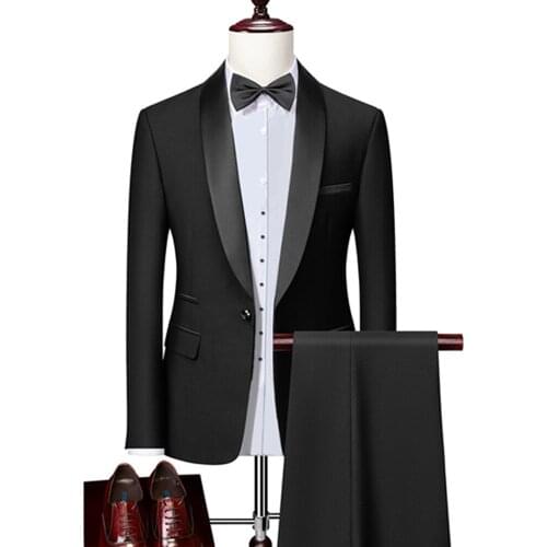 Mens Lapel Black Collar 2 Piece Suit Set Coat Trousers / Business Groomsmen Groom Wedding Dress Fprmal Blazer Pants