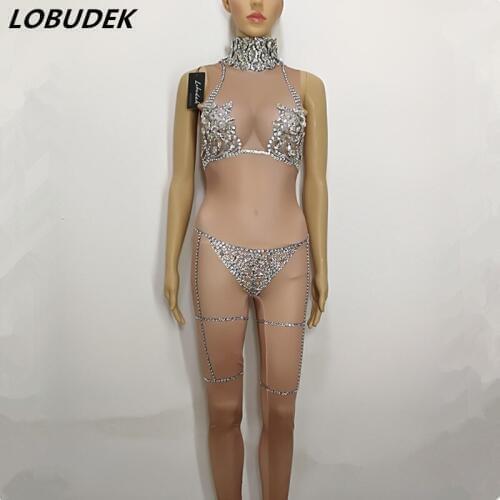 New nightclub Bright Crystals jumpsuit sexy stage female costumes singer Dancer prom show Rompers Novelty performance clothing