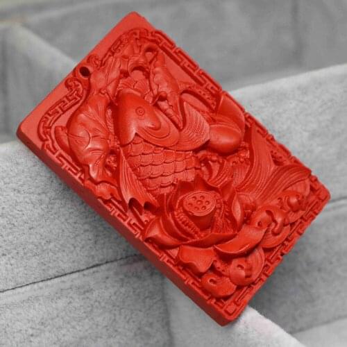 New taiwan synthetic red cinnabar rectangle pendant carving fishes flower vintage blessing accessories jewelry 40*58mm B1532
