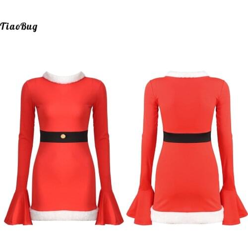 Autumn Winter Women Faux Fur Trimming Dress High Neck Flare Sleeve Bodycon Dresses Christmas Role Play Performance Party Costume