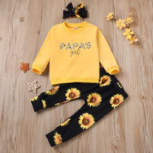 0-5Y) Boys girls suit autumn long-sleeved leopard print letter print top + sunflower trousers + hair tie suit детская одежда 50
