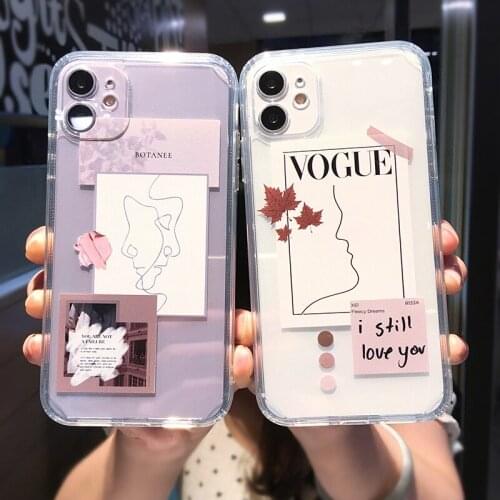Cute Cartoon Art Couple Label Clear Phone Case For iPhone 11 Pro Max 12 Mini X XS XR 7 8 Plus SE 2020 Transparent Soft TPU Cover