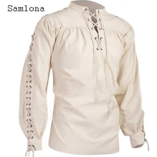 Samlona Casual Shirt Mens Autumn New Lace-up Linen Shirts Lantern Sleeve Tops Blouse Men Jogging Solid Color Shirt Men Clothing