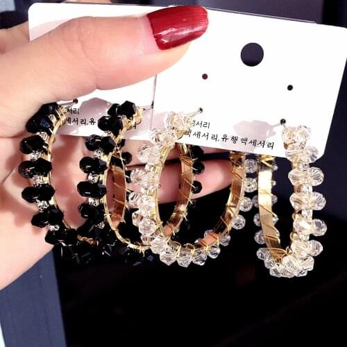 Sexy Crystal Beads Hoop Earrings for Women Black White Style 2019 Fashion Jewelry Luxury Korean Earring Female Gift