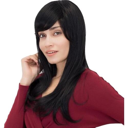 Chic Long Wigs For Pretty Girls Real Human Hair & Bangs Silky Curly Wig Black for Cosplay Party Dress