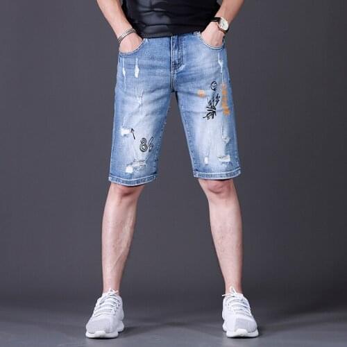 Fashion Printed Shorts Men Summer Beach Casual Straight Ripped Knee Length Denim Shorts Streetwear Male Short Jeans