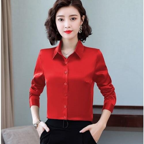 TingYiLi M-4XL Plus Size Womens Satin Silk Blouse Shirt Long Sleeve Korean Style Elegant Office Ladies Green Red White Shirt