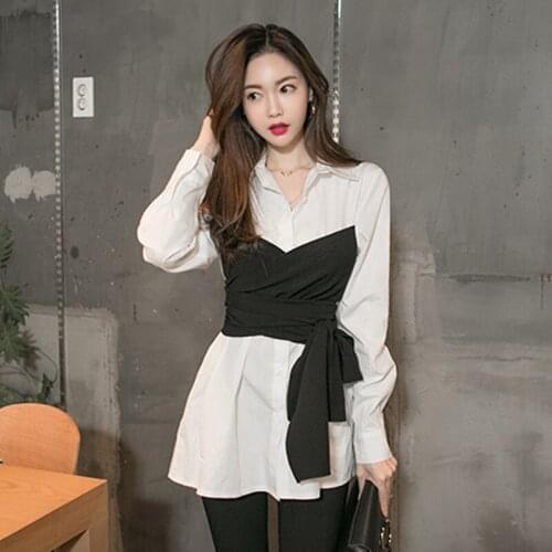 Women Chic Faxu Two-piece Blouse Top Black Faux Tube Top matching White Turn-down Collar Shirt