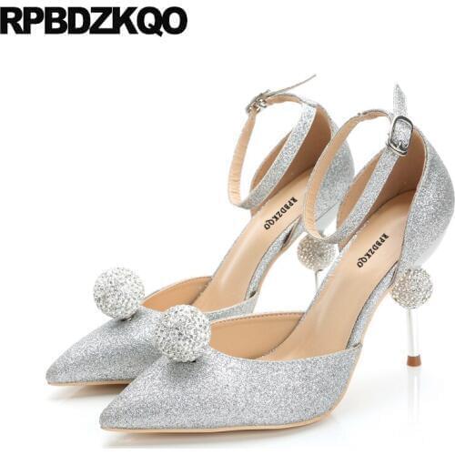 Strap High Heels Scarpin Sparkling Silver Bride Metal Women Ankle Rhinestone Bling Wedding Shoes Size 33 Pointed Toe Big Summer