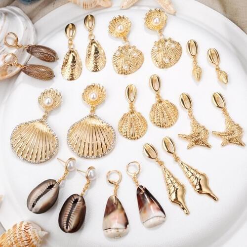 MINHIN Bohemian Ocean Gold Dangle Drop Earrings For Women Cowrie Sea Shell Earring Brincos Summer Beach Korean Jewelry
