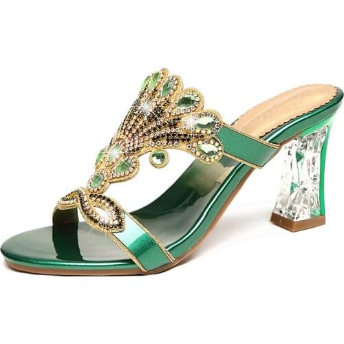 2021 New Fashion Rhinestone Sandals Women High Heel Slipper Summer Elegant Genuine Leather Sandals Crystal Slippers Trendy Shoes