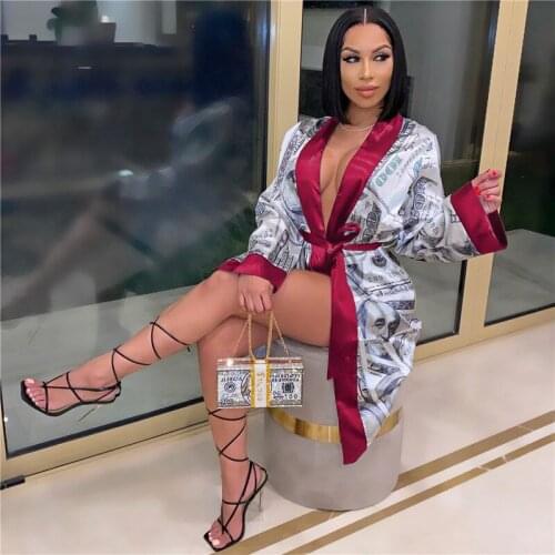 Aesthetic Cardigan Long Sleeve Midi Bandage Dress Money Pajamas Fall Clothes for Women 2021 Fashion Sexy Lounge Wear