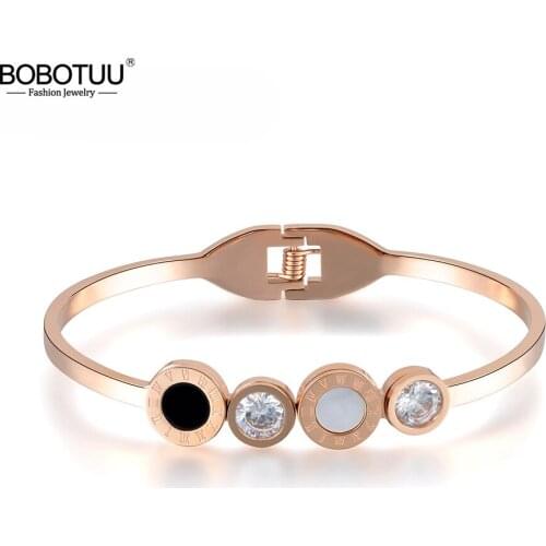 BOBOTUU Classic Roman Number Cubic Zirconia Bangles For Women Stainless Steel White & Black Shell Wedding Bracelets BB17022