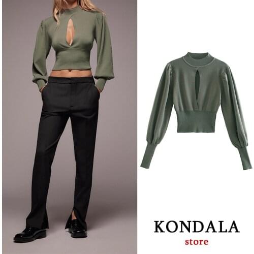 KONDALA Women Sweater Office Lady Solid Open Design Knitted Top Autumn Elegant Pullover Female Mujer Tops