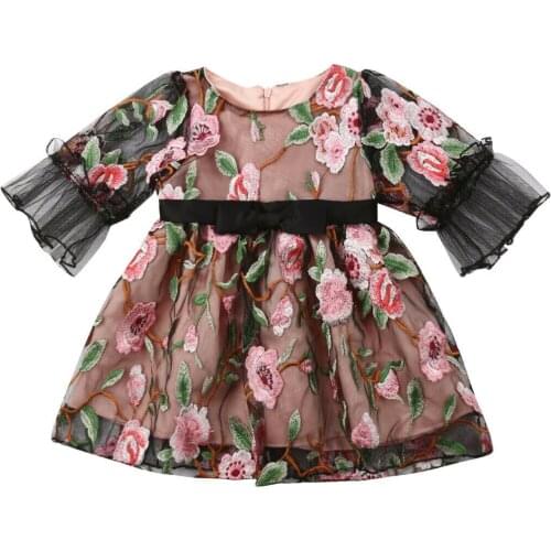 2019 New Toddler Kids Baby Girls Floral Chiffon Five-Point Sleeve Embroidered Princess Party Lace Tutu Dresses