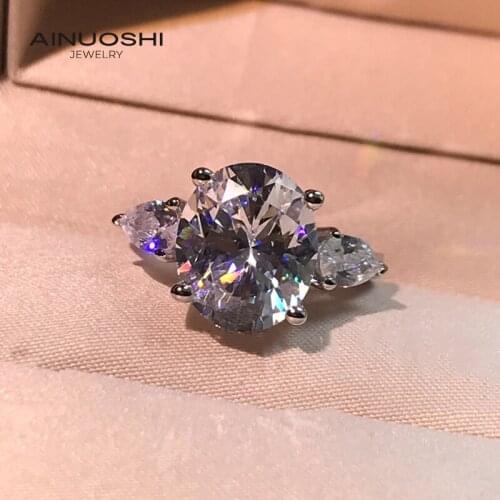 AINUOSHI 925 Sterling Silver 10x12mm Oval Cut Simulated SONA Diamond 3-stone Engagement Rings for Women Gift
