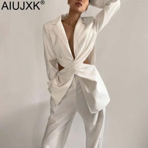 AIUJXK Women Solid White Deep V Neck Cross Hollow Out Streetwear Blazer 2021 Autumn Elegant Turn-Down Collar Long Sleeve Jacket
