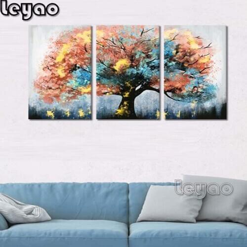 Diy 5D Square/Round Diamond Painting Cross Stitch Kits 3 Pieces Large Tree Diamond Embroidery Mosaic Blue and Orange Tree Art