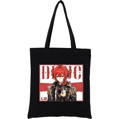 Genshin Impact Canvas Bag Casual Large Hand Bags for Women Ladies Shopping Handbag Print Large Capacity Bag Black