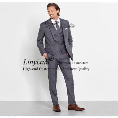 Grey 3Pieces Casual Men Suit Split Side Set Slim Fitted Groom Wedding Party Tuxedos Groomsman Blazer Sets (Jacket+Vest+Pants)