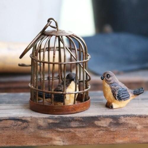 Miniature Rusted Birdcage with 2 Mini Birds Fairy Garden Animal Supplies Hanging Bird Cage Miniature Garden Rustic Metal Crafts