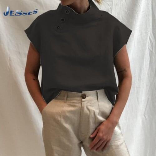 Fashion Stand-up Collar Short-sleeved T-shirt Lady Casual Pure Color Pullover Loose Cotton Plus Size T Shirt Femme Plus Size Tee
