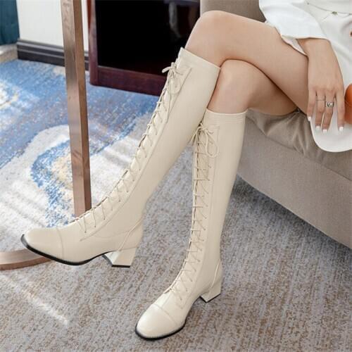 Fashion Knee High Boots 2021 Autumn Winter Casual Party Cross Tied Boots Woman Heels Thick Heels Tight High Boots black beige