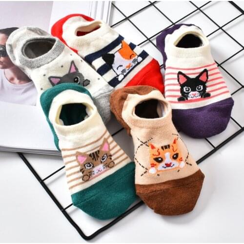 10 Piece=5 Pairs/lot Cute Animal Spring Women Socks Set Korean Style Funny Cat Low Cut Ankle Short Sox Happy Size34-40