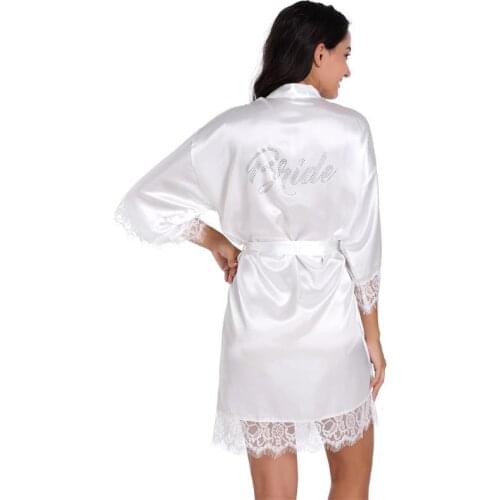 Wholesale Bride Leter Rhinestone Women Satin Kimono Robes Lace Bridesmaid Nightgown Dressing Gown S-XL T45